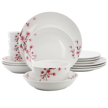 Elama Tamara 16 Piece Cherry Blossom Porcelain Double Bowl Dinnerware Set, Service for 4 in White and Pink